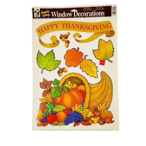 Vintage 90's Window Clings Decorations Happy Thanksgiving Horn of Plenty - Picture 1 of 1